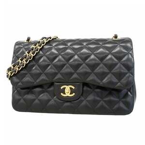 Chanel Shoulder Bag, Deka Matelasse, Double Flap, Chain, Lambskin, Black, Wom...